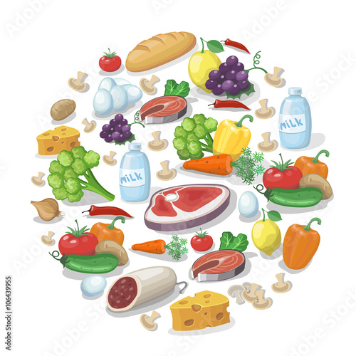 Common everyday food products background. Cheese and fish, sausagesand milk, tomatoes vector illustration