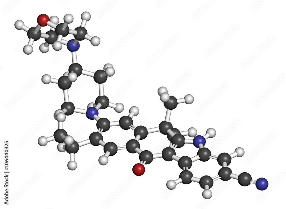 Alectinib cancer drug molecule. 3D rendering. Alectinib cancer drug molecule. 3D rendering.