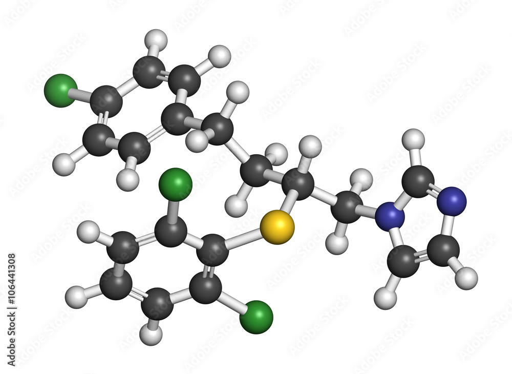 Butoconazole antifungal drug molecule. 3D rendering. Butoconazole antifungal drug molecule. 3D rendering.