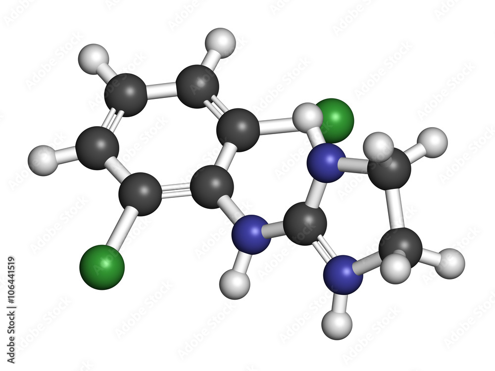 Clonidine drug molecule. Used in treatment of ADHD, hypertension. Clonidine drug molecule. Used in treatment of ADHD, hypertension.