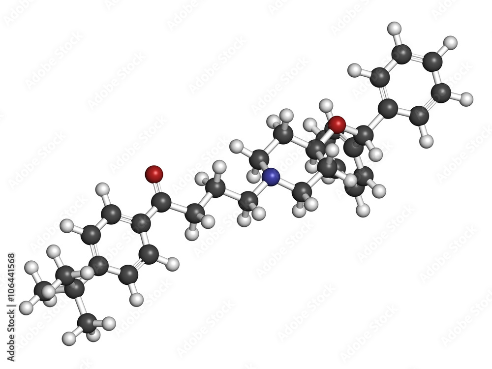 Ebastine antihistamine drug molecule. 3D rendering. Ebastine antihistamine drug molecule. 3D rendering.