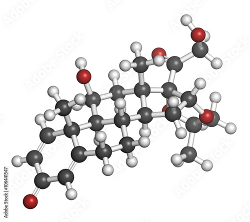 Desonide topical corticosteroid drug molecule. 3D rendering. 