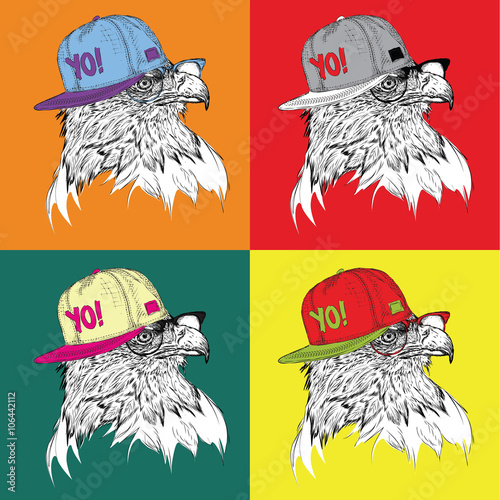 Image Portrait of eagle in the cravat and with glasses. Pop art style vector illustration.