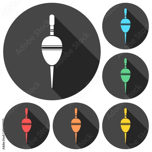 Float bobber symbol, Fishing sign icons set with long shadow