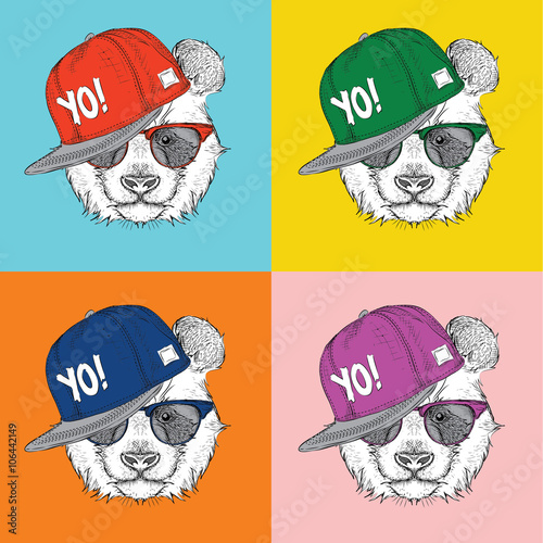 Fototapeta Naklejka Na Ścianę i Meble -  Image Portrait of panda in the cravat and with glasses. Pop art style vector illustration.