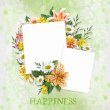 Green background with beautiful flowers and frames with space for photo or text