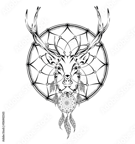 Deer indian warrior, animal hand drawn illustration, native american poster.  Hand draw vector illustration