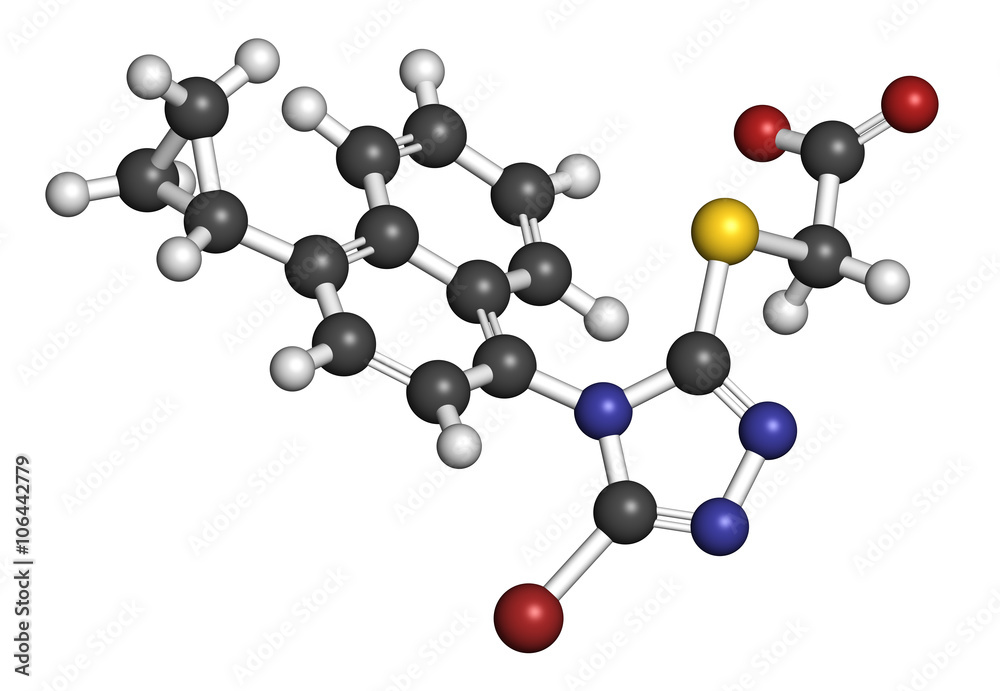 Lesinurad gout drug molecule. 3D rendering. Lesinurad gout drug molecule. 3D rendering.