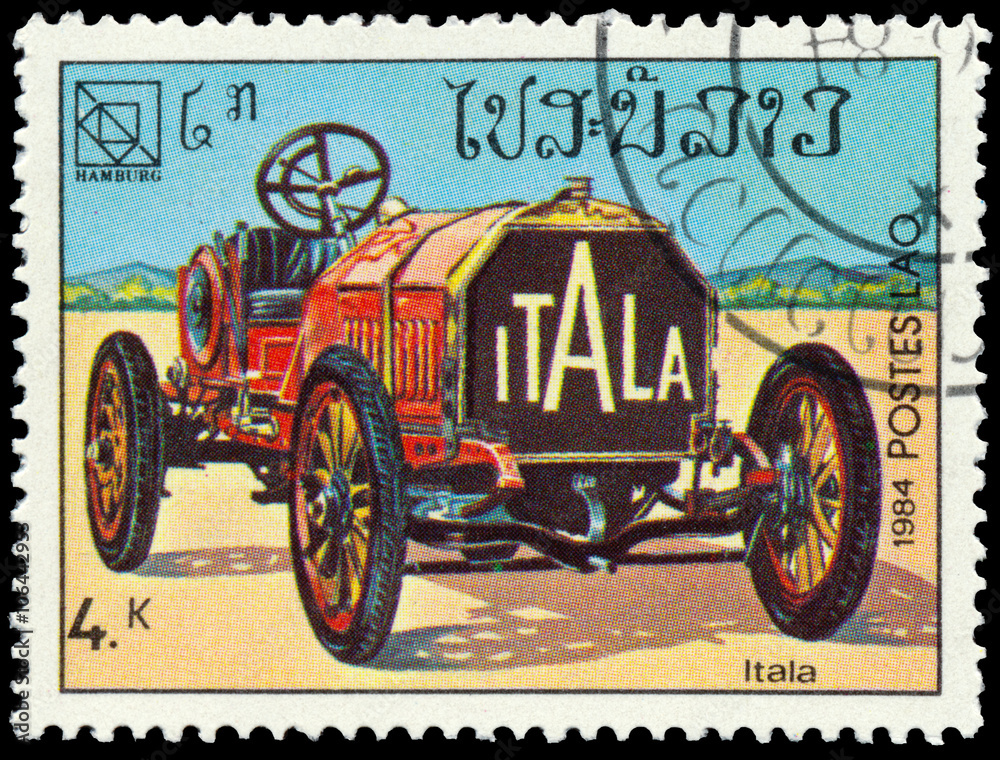 Stamp printed in Laos shows vintage car Itala