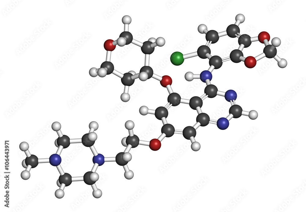 Saracatinib drug molecule. Dual kinase inhibitor. Saracatinib drug molecule. Dual kinase inhibitor.