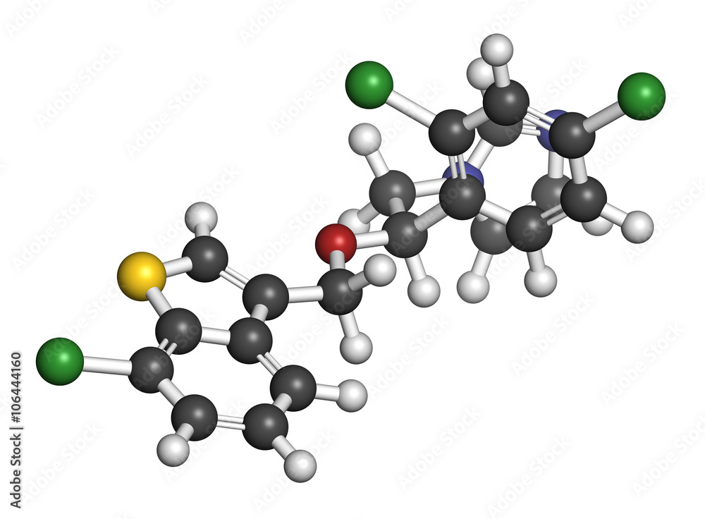 Sertaconazole antifungal drug molecule. 3D rendering. Sertaconazole antifungal drug molecule. 3D rendering.