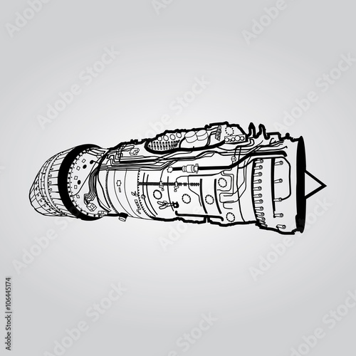 Black vector combat air force fighter aircraft engine drawing, on white background. Consists of combustion chamber, intake manifold, guide vanes, pressure compressor, combustor, turbine blade