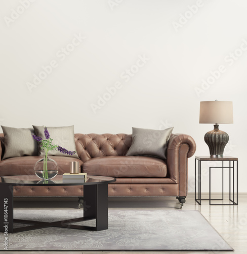 Contemporary elegant living room with leather sofa