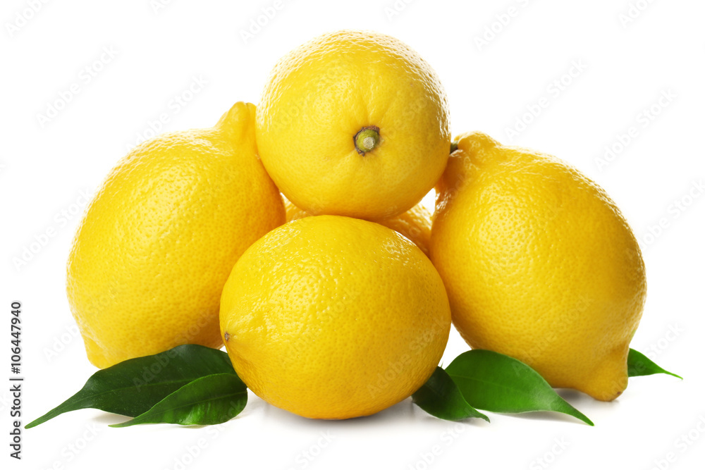 Fresh lemons with green leaves isolated on white Fresh lemons with green leaves isolated on white