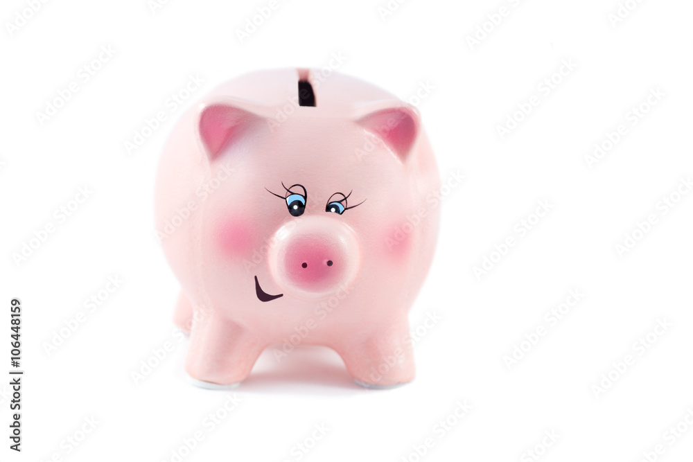 Sweet  Piggy Bank Winking on a White Background, Soft Focus