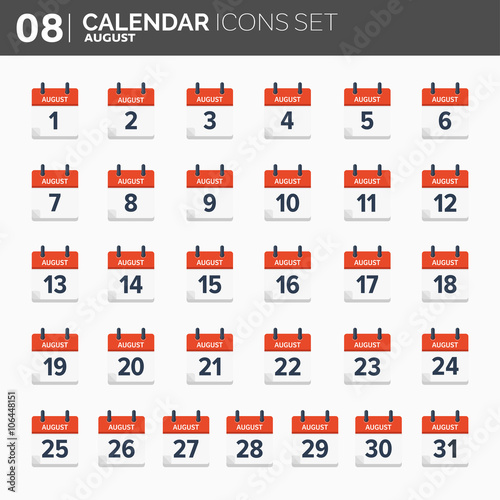 Vector illustration. Calendar icons set. Date and time. August.
