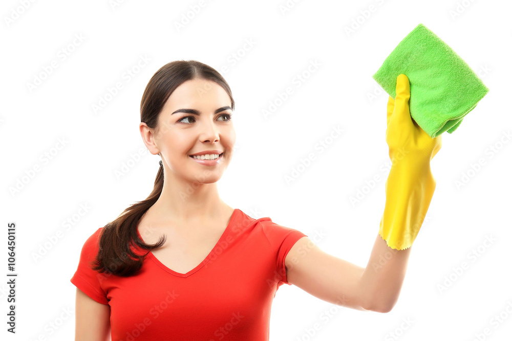 Young woman holding microfiber cloth, isolated on white Young woman holding microfiber cloth, isolated on white