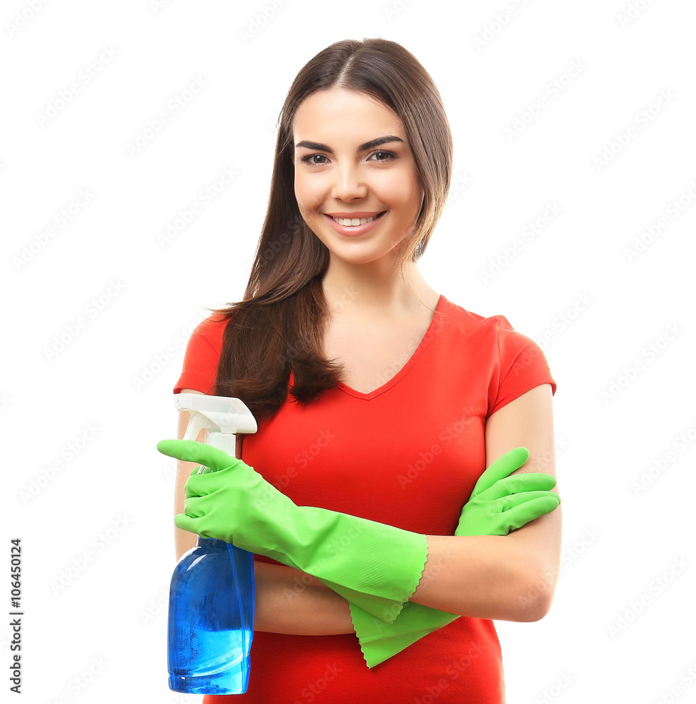Young woman holding detergent spray, isolated on white Young woman holding detergent spray, isolated on white