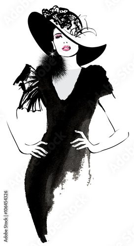 Fashion woman model with a black hat
