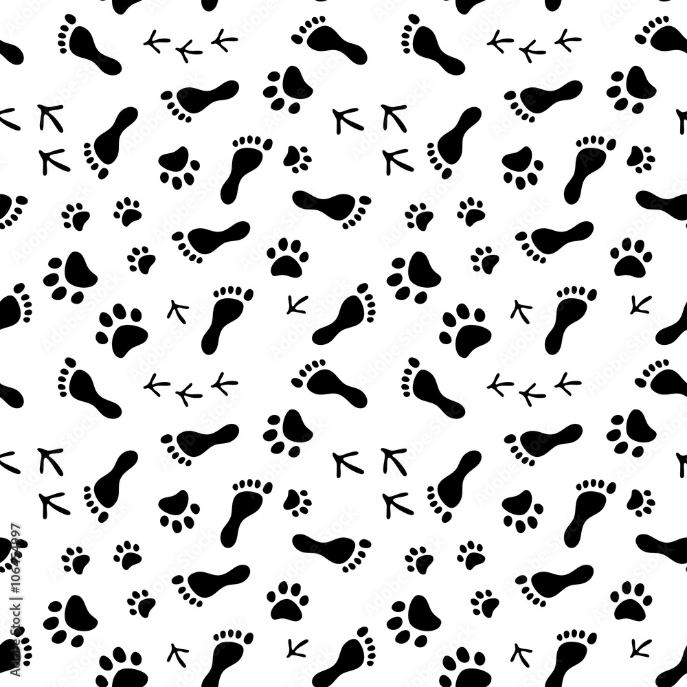 Footprints of human, cat, dog, birds black and white seamless pattern, vector