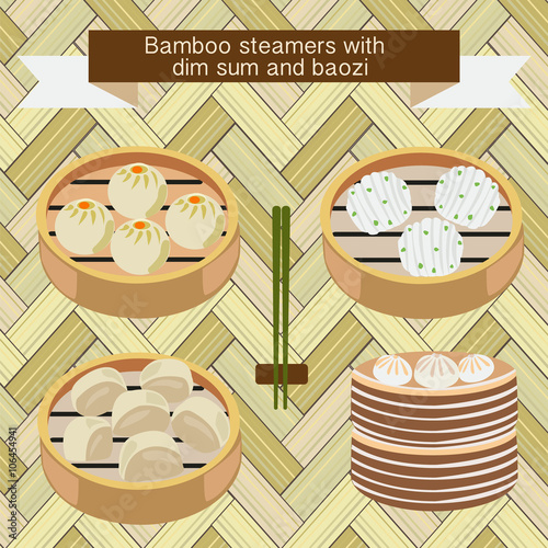 Bamboo steamers with dim sum and baozi