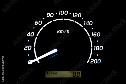  driver's cockpit ; speedometer on dashboard - white light in black