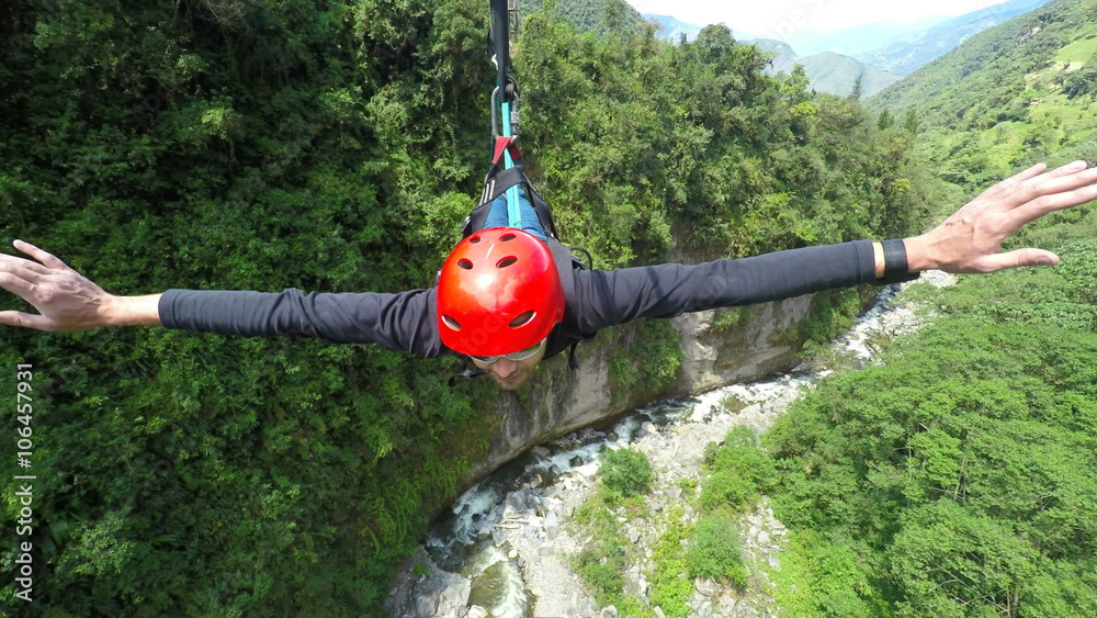 Experience the thrill of adult men riding a zipline with stunning camera footage and audio,capturing every exhilarating moment.
