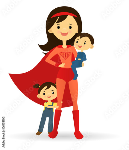 Superhero mother and her two children