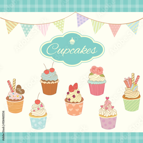 Vector cupcakes menu decoration with triangle flags in party theme.Aqua background color and pastel.
