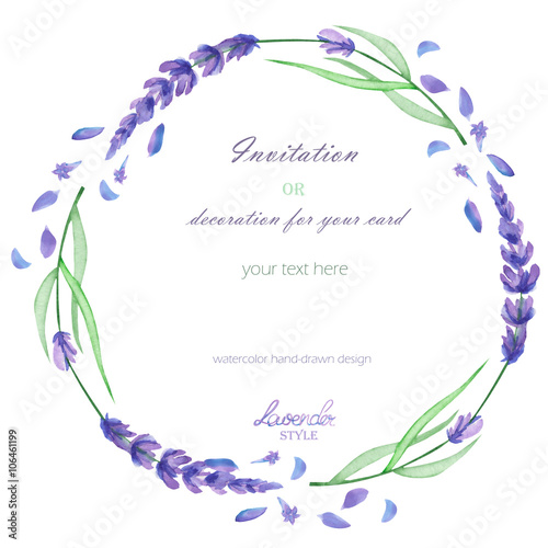 Fototapeta Naklejka Na Ścianę i Meble -  A frame, wreath, frame border for a text with the watercolor lavender flowers, hand-drawn on a white background, a greeting card, a decoration postcard, wedding invitation