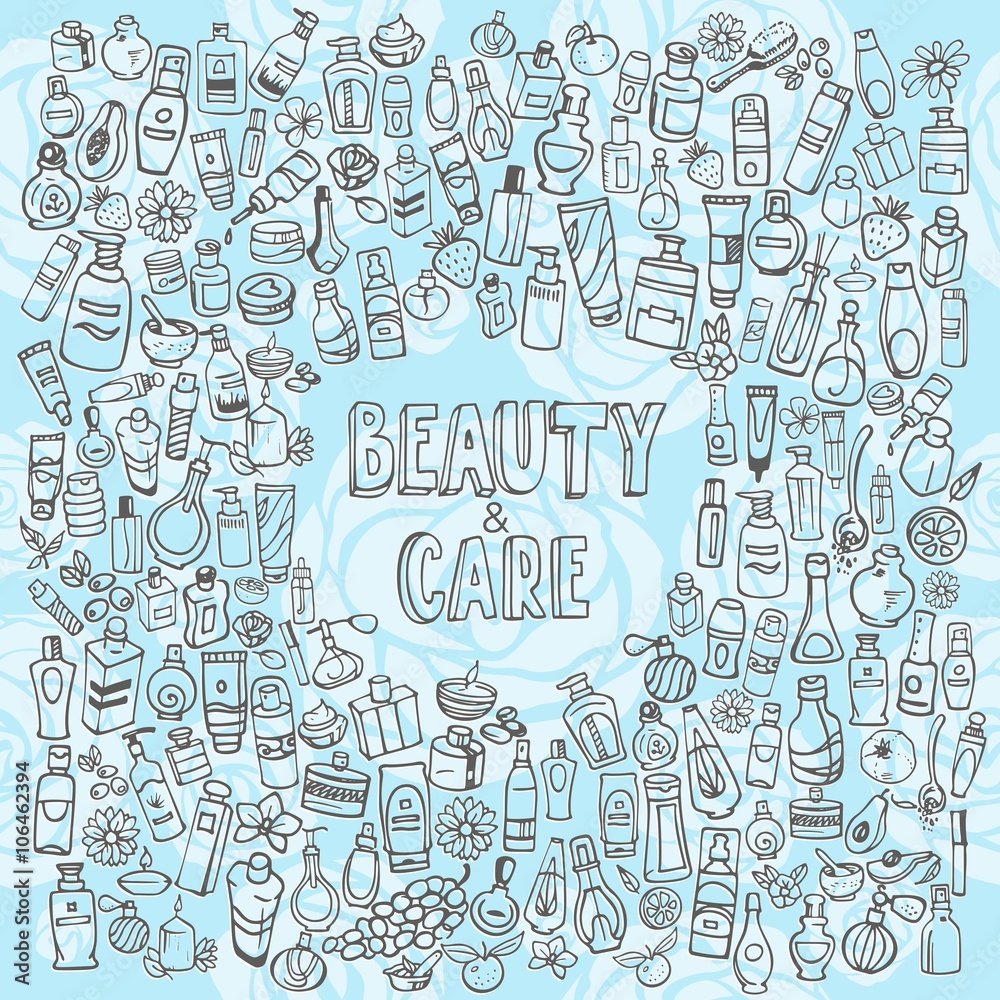 doodle cosmetics and self-care icons