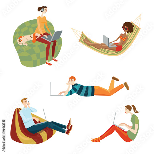 Set of vector illustrations of people working at the computer, distant work