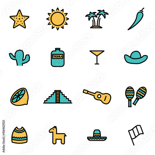 Trendy flat line icon pack for designers and developers. Vector line mexico icon set, mexico icon object, mexico icon picture, mexico image - stock vector