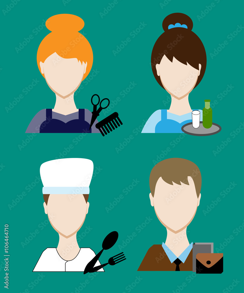Fototapeta premium Profession people cook, hairdresser, teacher, waiter a businessman, secretary. Face men uniform. Avatars in flat design. Vector