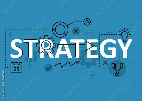 Strategy concept flat line design with icons and elements. Modern strategy concept vectors collection. Strategy concept lettering