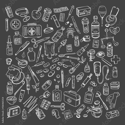 Health care and medicine doodle icon set