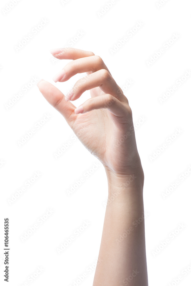 Beautiful female hand holding something isolated on white with c Beautiful female hand holding something isolated on white with c