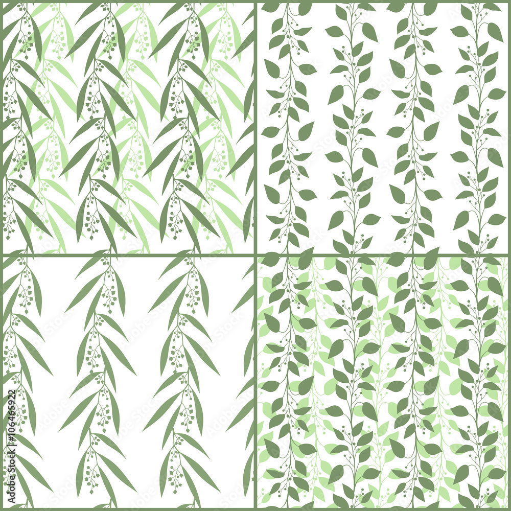 Naklejka premium Set of seamless pattern branches of eucalyptus and Camphor laurel. Vector illustration. Green floral backgrounds