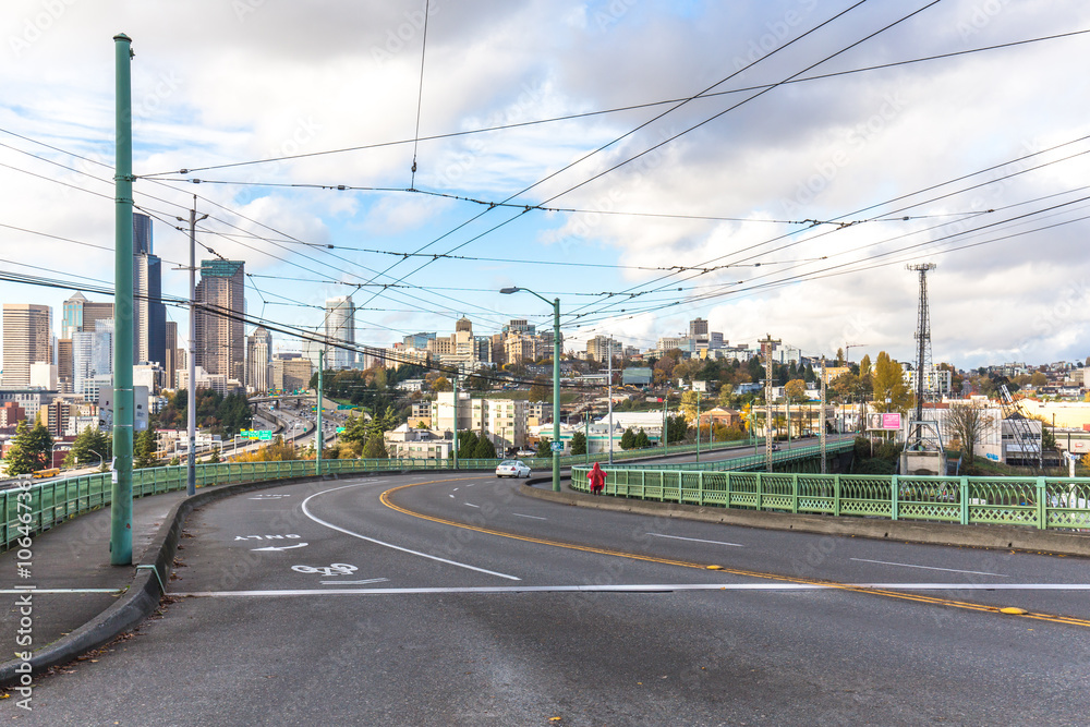 traffic on road and cityscape and skyline of seattle