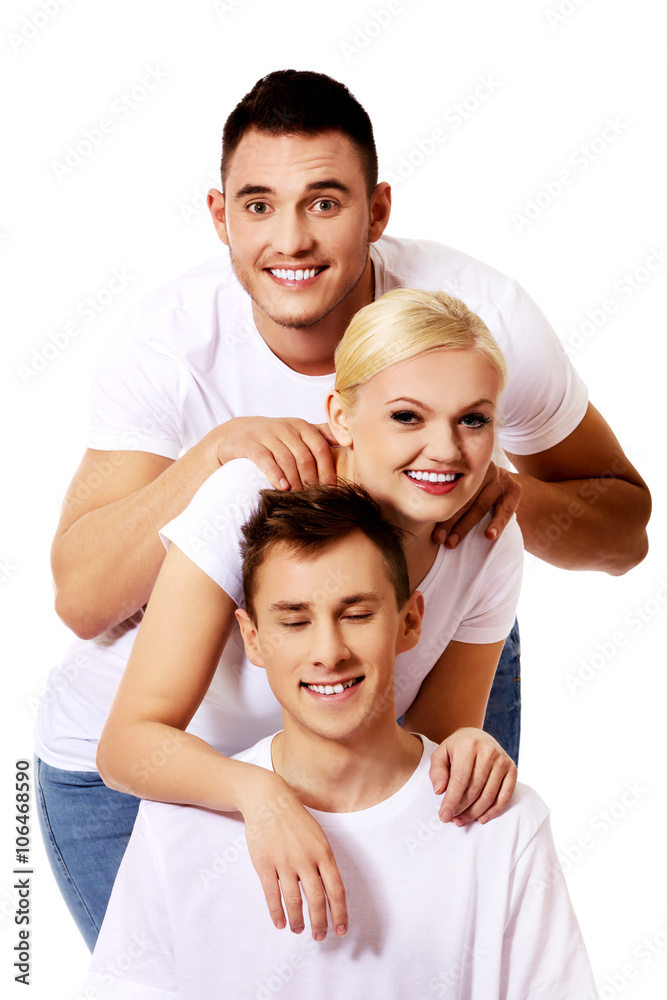 Happy friends together- one woman and two men Happy friends together- one woman and two men