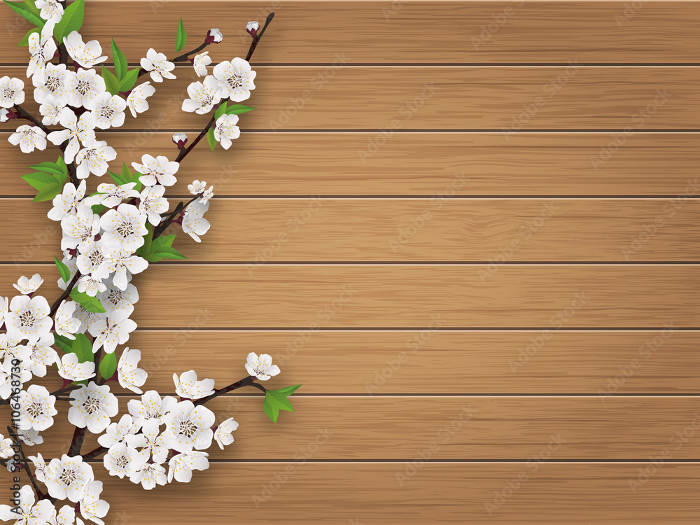 Spring blooming cherry branch on brown old wood background. Realistic vector illustration. Spring blooming cherry branch on brown old wood background. Realistic vector illustration.
