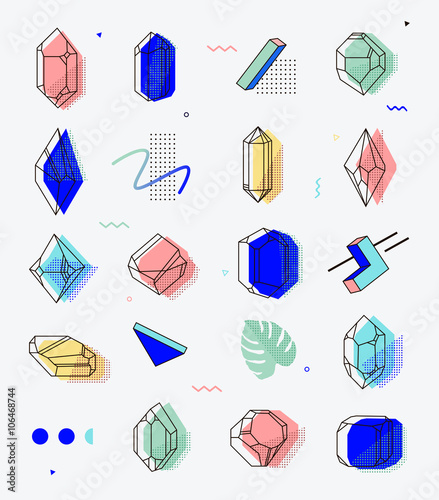 Set of space objects crystals with geometric shapes.