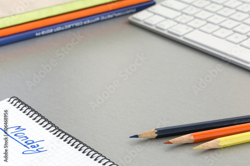 View of well ordered working Place on grey Table