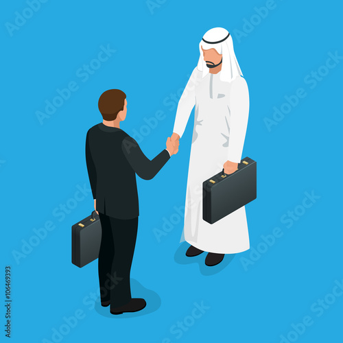 Arabian partners handshake concept. Business deal handshake with Arabic and European ethnic mans. Flat 3d vector isometric illustration.