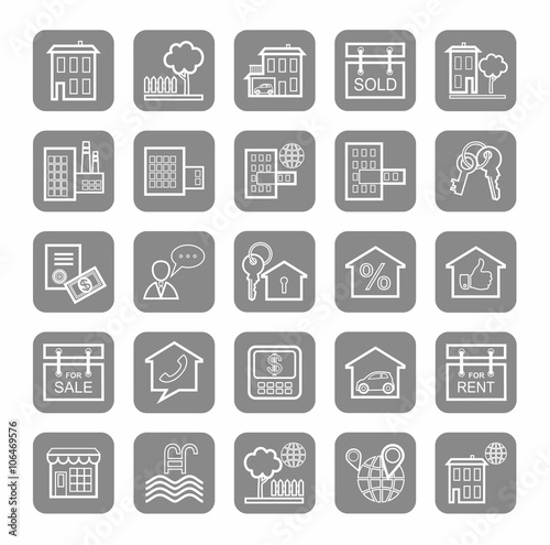 Real estate, sale, rent, icons, monochrome, linear. 