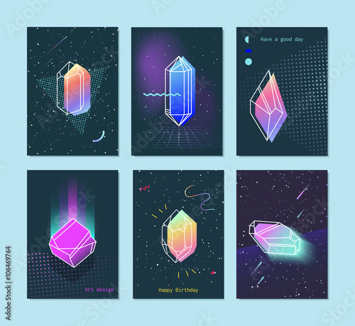 set of neon space 80s style crystals with a triangle.