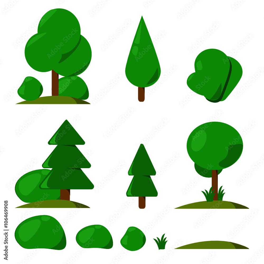 Set of different cartoon flora in flat design. Flowers, bushes, trees. Set of different cartoon flora in flat design. Flowers, bushes, trees.