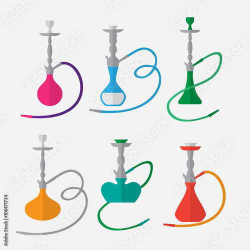 Hookah labels and smoke logo. Set of oriental nargile silhouettes. Isolated  traditional shishe