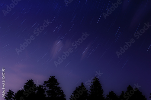 Milky way star-trails with forest silhouettes.
