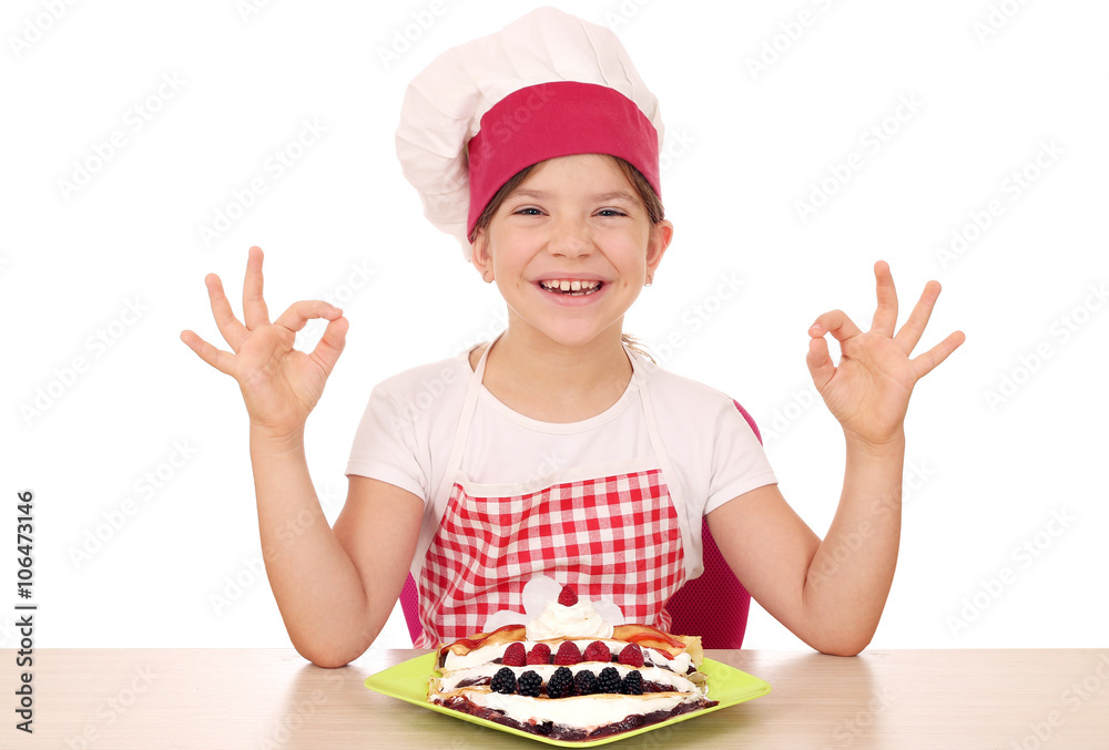 happy little girl cook with crepes and ok hand signs happy little girl cook with crepes and ok hand signs